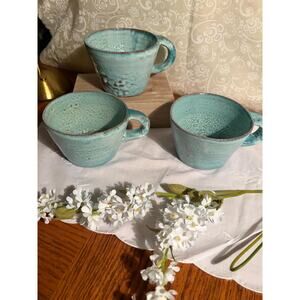Set of 3 Vintage Artisan Studio Pottery Mugs - Teal Turquoise Glaze